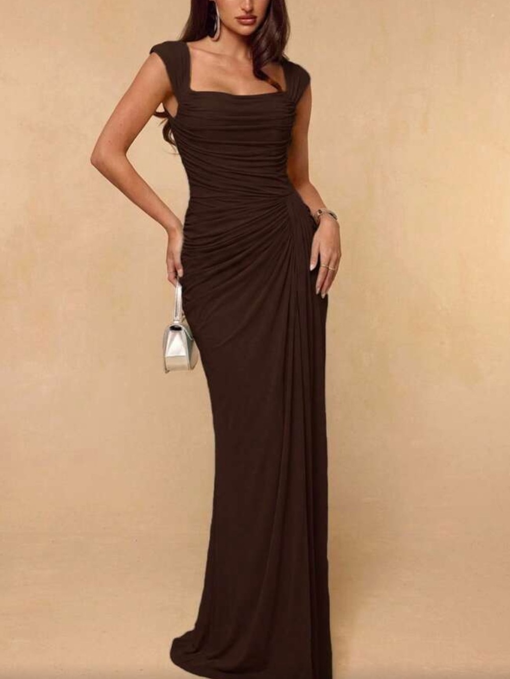 Elegant Coffee Brown Ruched Evening Gown
